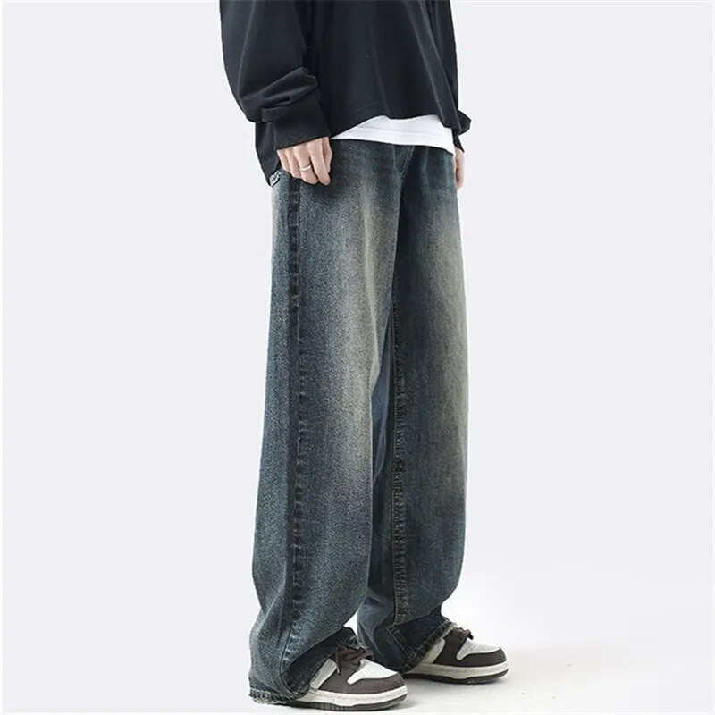 Proljetne i jesenske traperice Muška odjeća Vintage isprane ravne hlače Jednobojne široke hlače s gumbima A049