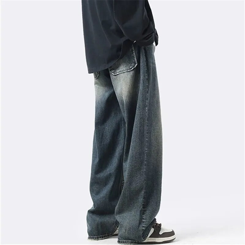 Proljetne i jesenske traperice Muška odjeća Vintage isprane ravne hlače Jednobojne široke hlače s gumbima A049