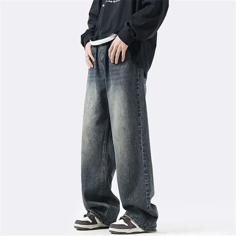 Proljetne i jesenske traperice Muška odjeća Vintage isprane ravne hlače Jednobojne široke hlače s gumbima A049