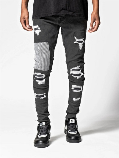 Muške uske poderane traperice Streetwear Fashion Beggar Patch Muške pencil hlače Sivo crne uske traper hlače Ležerne traperice za muškarce