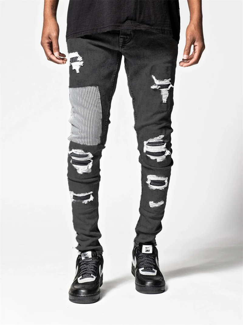 Muške uske poderane traperice Streetwear Fashion Beggar Patch Muške pencil hlače Sivo crne uske traper hlače Ležerne traperice za muškarce