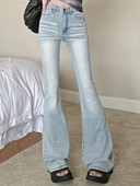 Pantaloni evazați de modă coreeană albastră, buzunare pentru femei, pantaloni de denim eleganti, de designer, pentru femei, pantaloni subțiri casual coreeni cu talie înaltă de toamnă