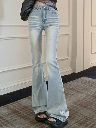 Pantaloni evazați de modă coreeană albastră, buzunare pentru femei, pantaloni de denim eleganti, de designer, pentru femei, pantaloni subțiri casual coreeni cu talie înaltă de toamnă