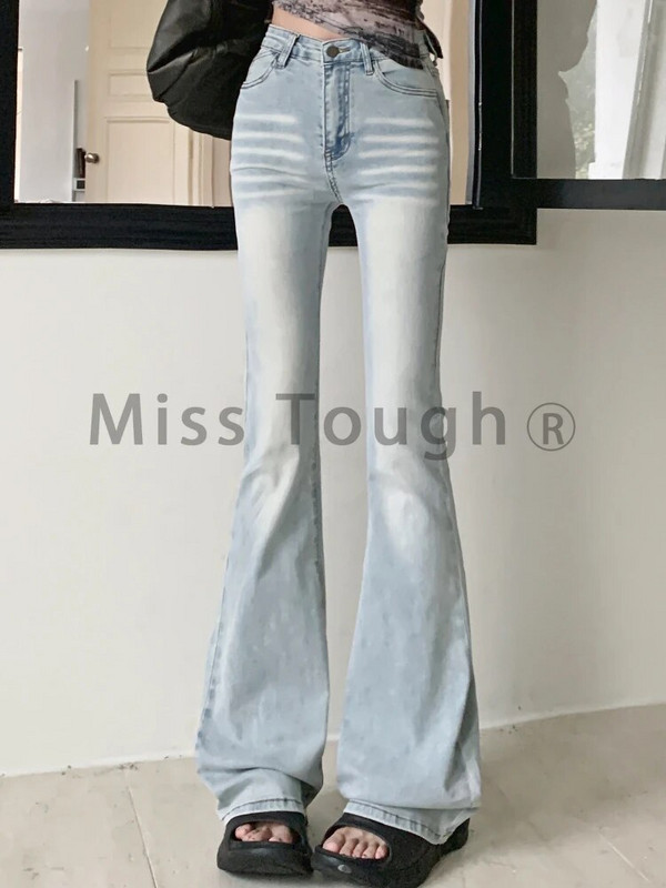 Pantaloni evazați de modă coreeană albastră, buzunare pentru femei, pantaloni de denim eleganti, de designer, pentru femei, pantaloni subțiri casual coreeni cu talie înaltă de toamnă