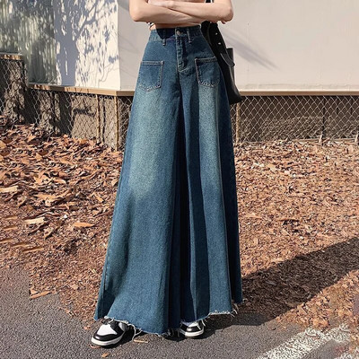 Y2K traper hlače, ženske korejske traperice visokog struka s visokim strukom, ženske vintage ulične hlače širokih nogavica s neobrađenim rubovima