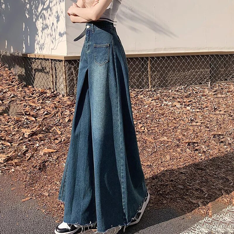 Y2K traper hlače, ženske korejske traperice visokog struka s visokim strukom, ženske vintage ulične hlače širokih nogavica s neobrađenim rubovima