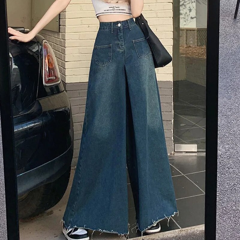 Y2K traper hlače, ženske korejske traperice visokog struka s visokim strukom, ženske vintage ulične hlače širokih nogavica s neobrađenim rubovima