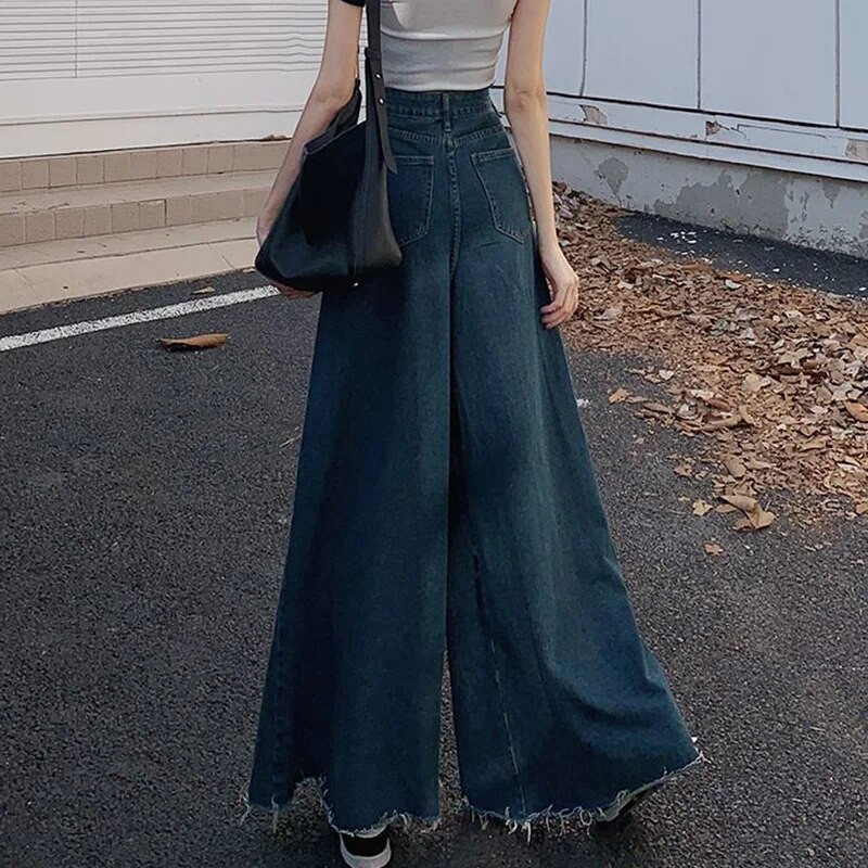 Y2K traper hlače, ženske korejske traperice visokog struka s visokim strukom, ženske vintage ulične hlače širokih nogavica s neobrađenim rubovima