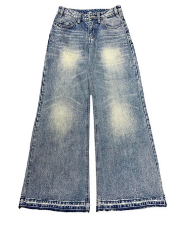 HOUZHOU Vintage Blue Flare Jeans Дамски гръндж Y2k Streetwear Скъсани дънкови панталони Широки ретро женски панталони Корейска мода