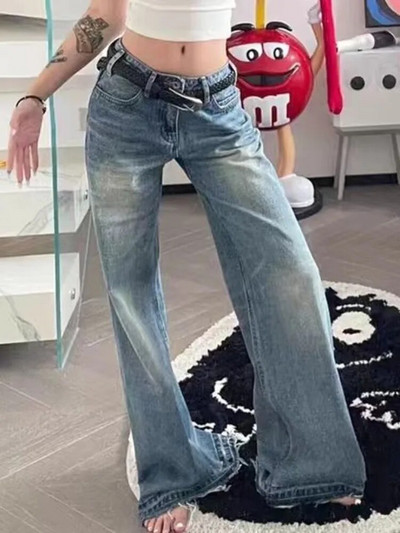HOUZHOU Blugi evazați albaștri vintage pentru femei Grunge Y2k Streetwear Pantaloni din denim rupti Pantaloni largi retro pentru femei Moda coreeană