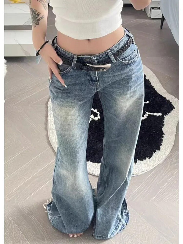 HOUZHOU Blugi evazați albaștri vintage pentru femei Grunge Y2k Streetwear Pantaloni din denim rupti Pantaloni largi retro pentru femei Moda coreeană