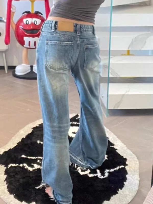 HOUZHOU Blugi evazați albaștri vintage pentru femei Grunge Y2k Streetwear Pantaloni din denim rupti Pantaloni largi retro pentru femei Moda coreeană