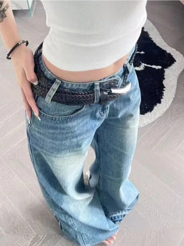 HOUZHOU Blugi evazați albaștri vintage pentru femei Grunge Y2k Streetwear Pantaloni din denim rupti Pantaloni largi retro pentru femei Moda coreeană