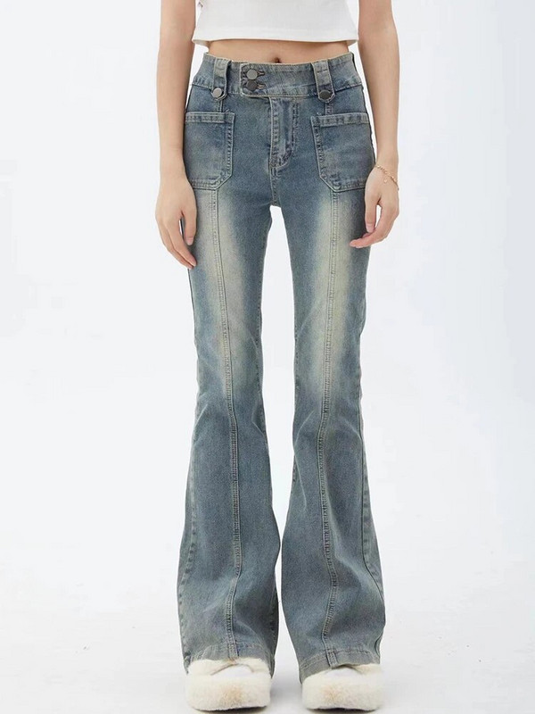Plave ženske traperice Gyaru lepršave hlače visokog struka Vintage traper zvonaste ženske Harajuku Streetwear Chic hlače s plimom iz 2000-ih Y2k