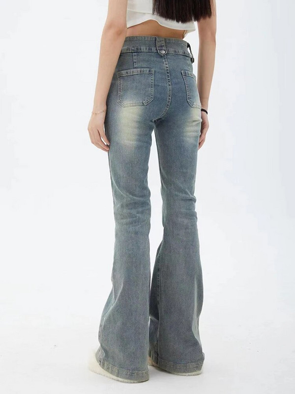 Plave ženske traperice Gyaru lepršave hlače visokog struka Vintage traper zvonaste ženske Harajuku Streetwear Chic hlače s plimom iz 2000-ih Y2k
