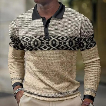 Пролетен и есенен мъжки пуловер с поло яка, копчета, райе, геометрична графика, контраст, тениска с цип, поло тениска с дълги ръкави