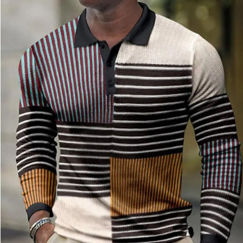 Пролетен и есенен мъжки пуловер с поло яка, копчета, райе, геометрична графика, контраст, тениска с цип, поло тениска с дълги ръкави