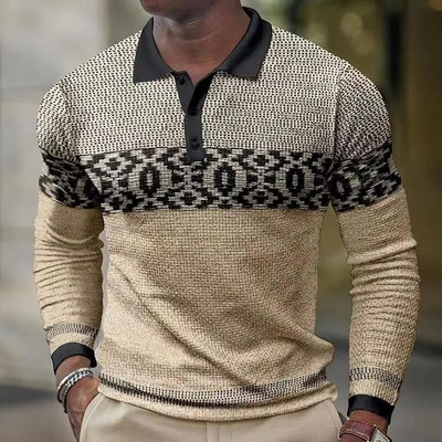 Pulover pentru bărbați de primăvară și toamnă, guler polo, dungi geometrice, cu fermoar, în contrast, tricou polo, topuri cu mânecă lungă