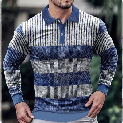 Pulover pentru bărbați de primăvară și toamnă, guler polo, dungi geometrice, cu fermoar, în contrast, tricou polo, topuri cu mânecă lungă