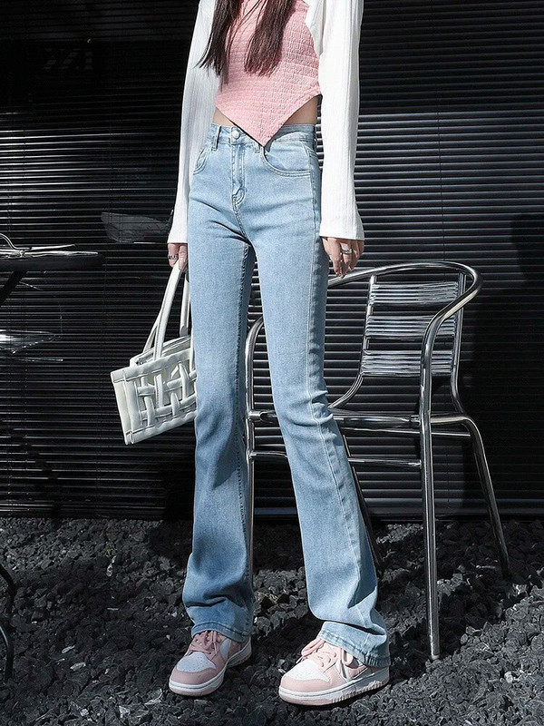 Blugi evazați Femei, verde, vintage, denim, pantaloni elastici cu talie înaltă, la modă, cu buzunar, de culoare solidă, cu picior lat, spălat, mai lung