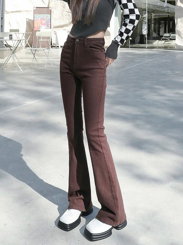 Blugi evazați Femei, verde, vintage, denim, pantaloni elastici cu talie înaltă, la modă, cu buzunar, de culoare solidă, cu picior lat, spălat, mai lung