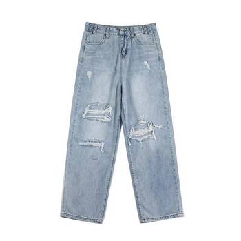 Летни мъжки скъсани дънки Сини свободни панталони с широки крачоли Ежедневни модни панталони Streetwear Висококачествено дънково мъжко облекло