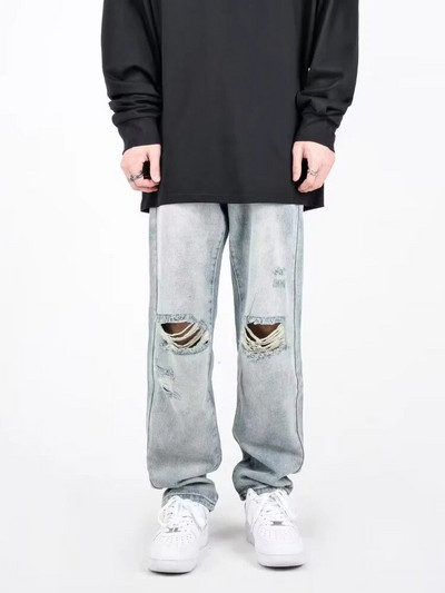 Nyári férfi szakadt farmer Kék laza szabású, lyukas, széles szárú nadrág Alkalmi divatos nadrág Utcai ruházat Kiváló minőségű farmer férfi ruházat