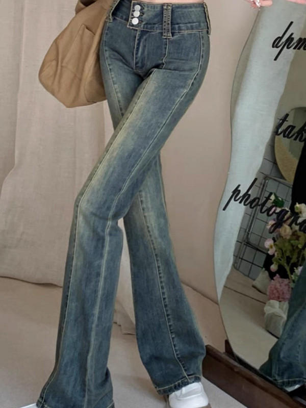 Blugi evazați femei talie înaltă îmbrăcăminte de stradă albiți elastici dulciuri calde primăvară vintage studenți buzunare zilnice ocazional complet nou