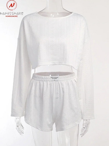 Γυναικείο μονόχρωμο casual χαλαρό σετ 2 τεμαχίων με κούφιο σχέδιο See Through O-neck μακρυμάνικο κοντό μπλουζάκι + ελαστικό σορτς μέσης