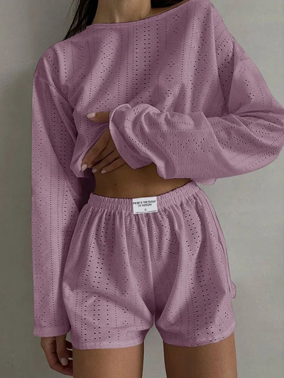 Set de 2 bucăți, ocazional, de culoare solidă, pentru femei, cu design scobit, cu mânecă lungă, cu gâtul în formă de O, Top scurt + pantaloni scurți cu talie elastică