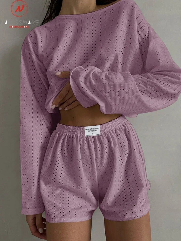 Set de 2 bucăți, ocazional, de culoare solidă, pentru femei, cu design scobit, cu mânecă lungă, cu gâtul în formă de O, Top scurt + pantaloni scurți cu talie elastică