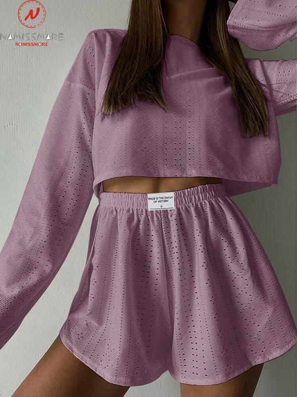 Set de 2 bucăți, ocazional, de culoare solidă, pentru femei, cu design scobit, cu mânecă lungă, cu gâtul în formă de O, Top scurt + pantaloni scurți cu talie elastică