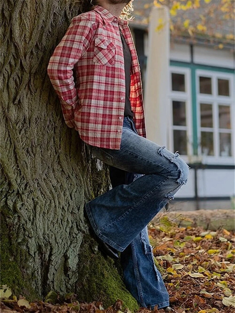 Muške lepršave vrećaste traperice Bootcut hlače na nogavicama Distressed patchwork traperice Novi dizajnerski punk Stlye pamučne traper hlače na zvono