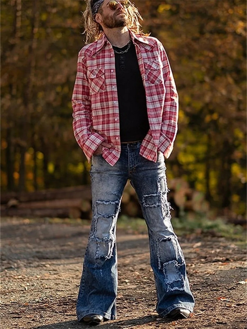 Muške lepršave vrećaste traperice Bootcut hlače na nogavicama Distressed patchwork traperice Novi dizajnerski punk Stlye pamučne traper hlače na zvono