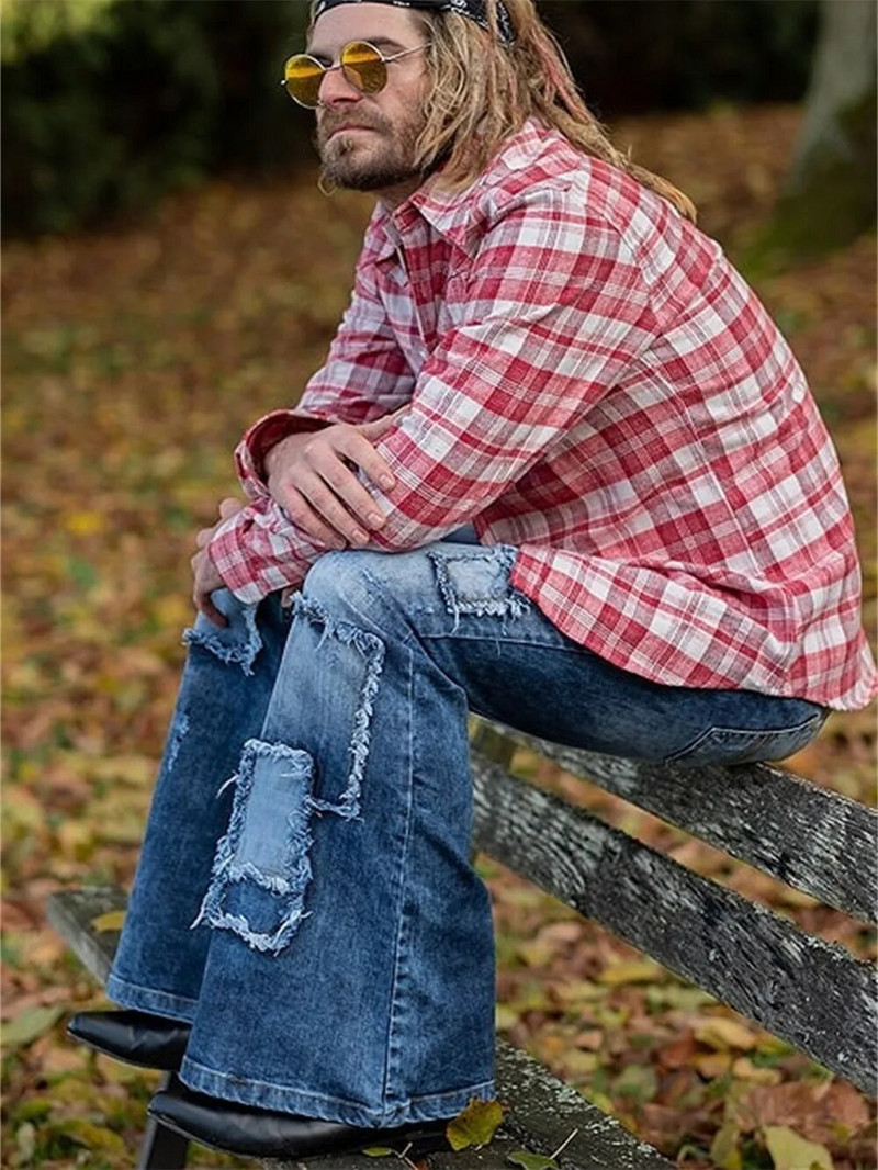 Muške lepršave vrećaste traperice Bootcut hlače na nogavicama Distressed patchwork traperice Novi dizajnerski punk Stlye pamučne traper hlače na zvono
