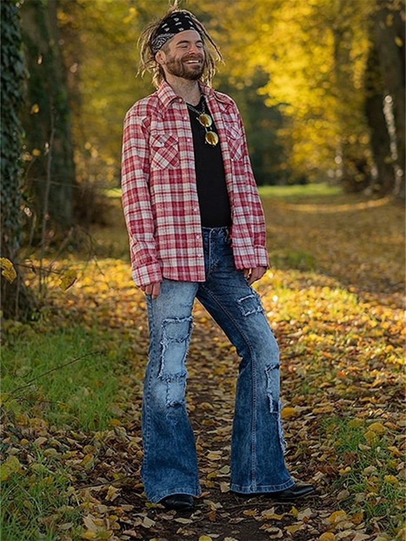 Muške lepršave vrećaste traperice Bootcut hlače na nogavicama Distressed patchwork traperice Novi dizajnerski punk Stlye pamučne traper hlače na zvono