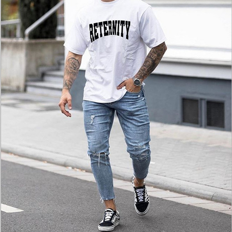 Skinny Jeans Muške Streetwear Destroyed Ripped Jeans Homme Hip Hop Broken Modis Male Pencil Biker Hollow Out Light Blue Jeans Pants
