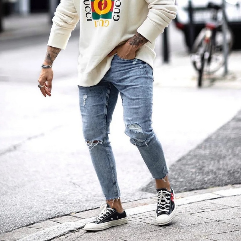 Skinny Jeans Muške Streetwear Destroyed Ripped Jeans Homme Hip Hop Broken Modis Male Pencil Biker Hollow Out Light Blue Jeans Pants