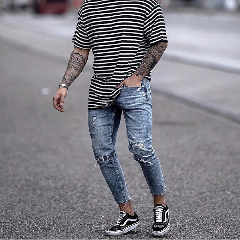 Skinny Jeans Muške Streetwear Destroyed Ripped Jeans Homme Hip Hop Broken Modis Male Pencil Biker Hollow Out Light Blue Jeans Pants