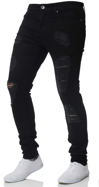Blugi skinny bărbați, primăvară, toamnă, elasticitate, pantaloni subțiri creion, sexy, casual, rupte, blugi negri, denim, haine pentru bărbați.