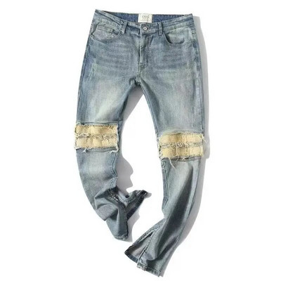 Панталони Slim Fit Мъжки каубойски панталони Мотоциклетни мъжки дънки с дупки Скъсани счупени гръндж Y2k Тесни скъсани тесни цепки с тръби Гот