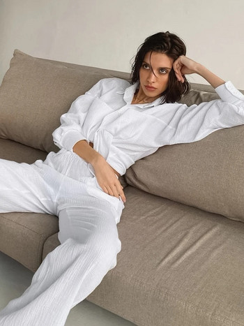 Linad Бели пижами за жени Памучни комплекти с дълъг ръкав от 2 части Нощно облекло Дамски ежедневни костюми с панталон Едноцветни есенни спални дрехи за 2022 г.