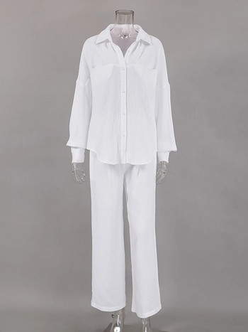 Linad Бели пижами за жени Памучни комплекти с дълъг ръкав от 2 части Нощно облекло Дамски ежедневни костюми с панталон Едноцветни есенни спални дрехи за 2022 г.