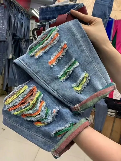 Blugi cu găuri rupte de culoare 2023, blugi noi cu talie înaltă, mărime mare, pantaloni largi din denim Haren, pantaloni de cowboy până la glezne.