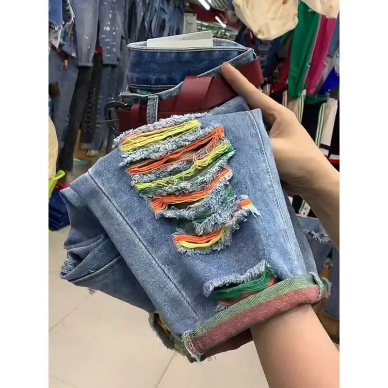 Spalvoti suplėšyti džinsai 2023 m. Nauji džinsai aukštu juosmeniu, didelio dydžio laisvi džinsiniai kelnės, moteriškos kaubojiškos kelnės iki kulkšnių