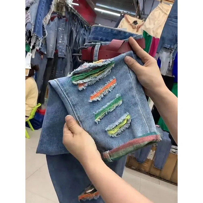 Spalvoti suplėšyti džinsai 2023 m. Nauji džinsai aukštu juosmeniu, didelio dydžio laisvi džinsiniai kelnės, moteriškos kaubojiškos kelnės iki kulkšnių