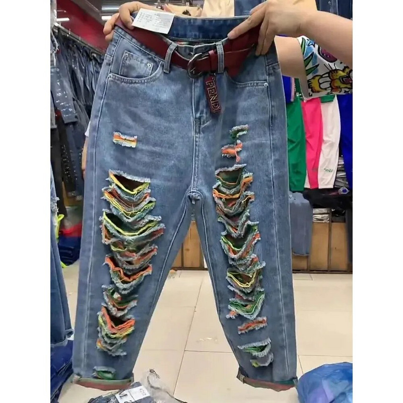 Spalvoti suplėšyti džinsai 2023 m. Nauji džinsai aukštu juosmeniu, didelio dydžio laisvi džinsiniai kelnės, moteriškos kaubojiškos kelnės iki kulkšnių