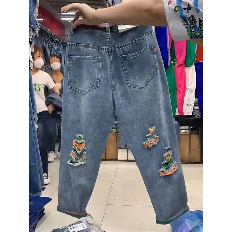 Spalvoti suplėšyti džinsai 2023 m. Nauji džinsai aukštu juosmeniu, didelio dydžio laisvi džinsiniai kelnės, moteriškos kaubojiškos kelnės iki kulkšnių