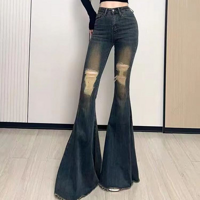 Retró perforált, nagy kitörésű farmernadrág női őszi új divat magas derekú farmer karcsú padló rongyos szélű széles szárú nadrág női