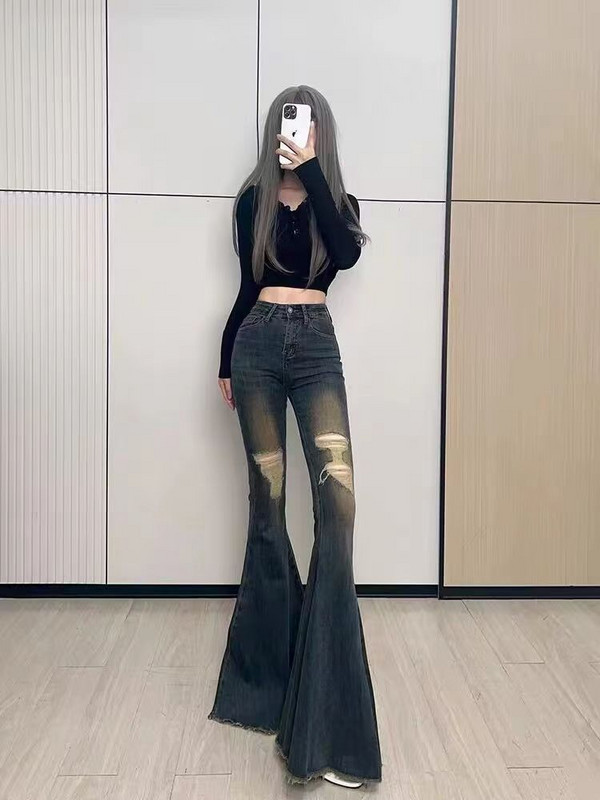 Retró perforált, nagy kitörésű farmernadrág női őszi új divat magas derekú farmer karcsú padló rongyos szélű széles szárú nadrág női